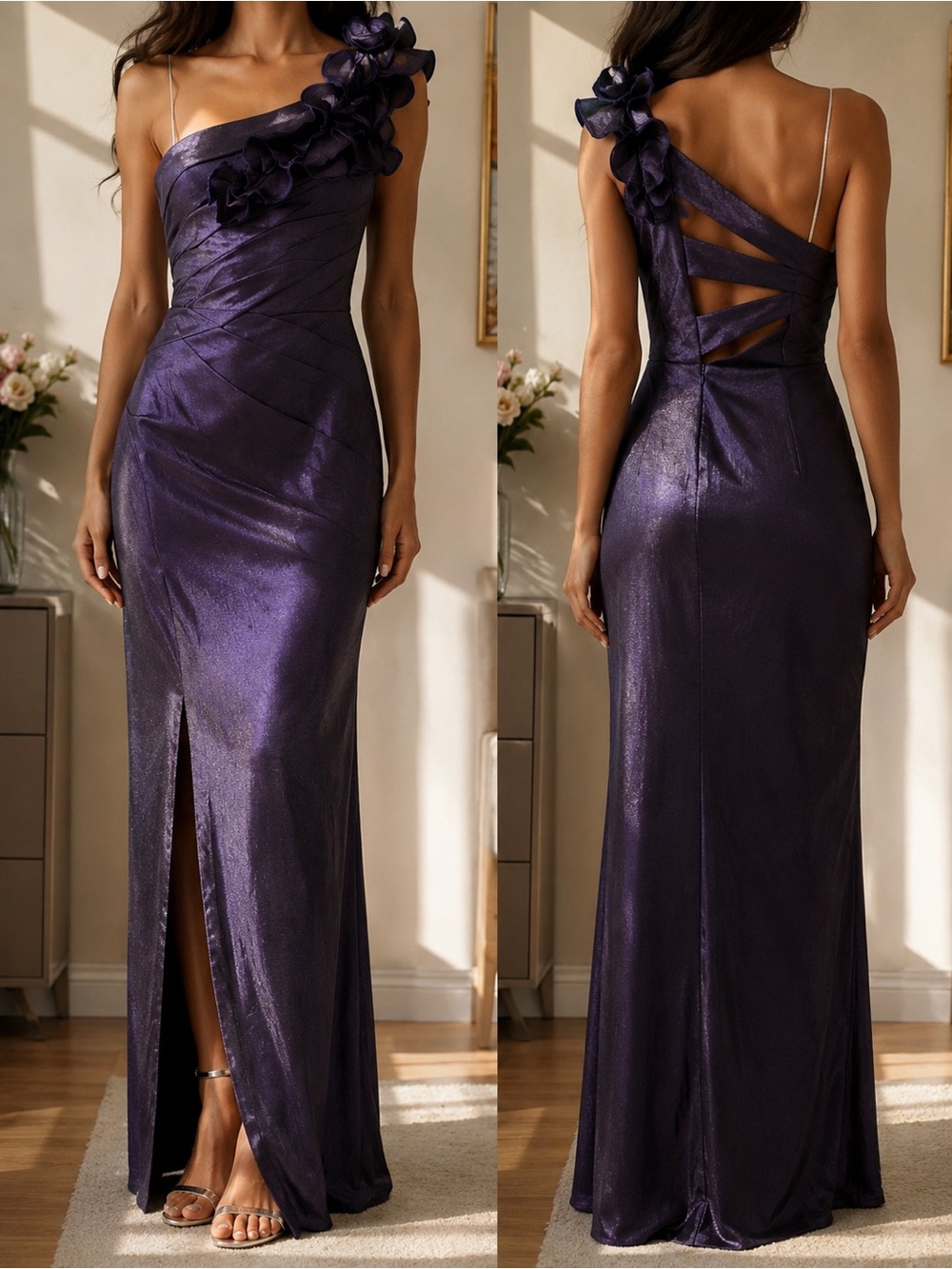 Jessica McClintock Size 4 Purple Floral One Shoulder Evening Gown